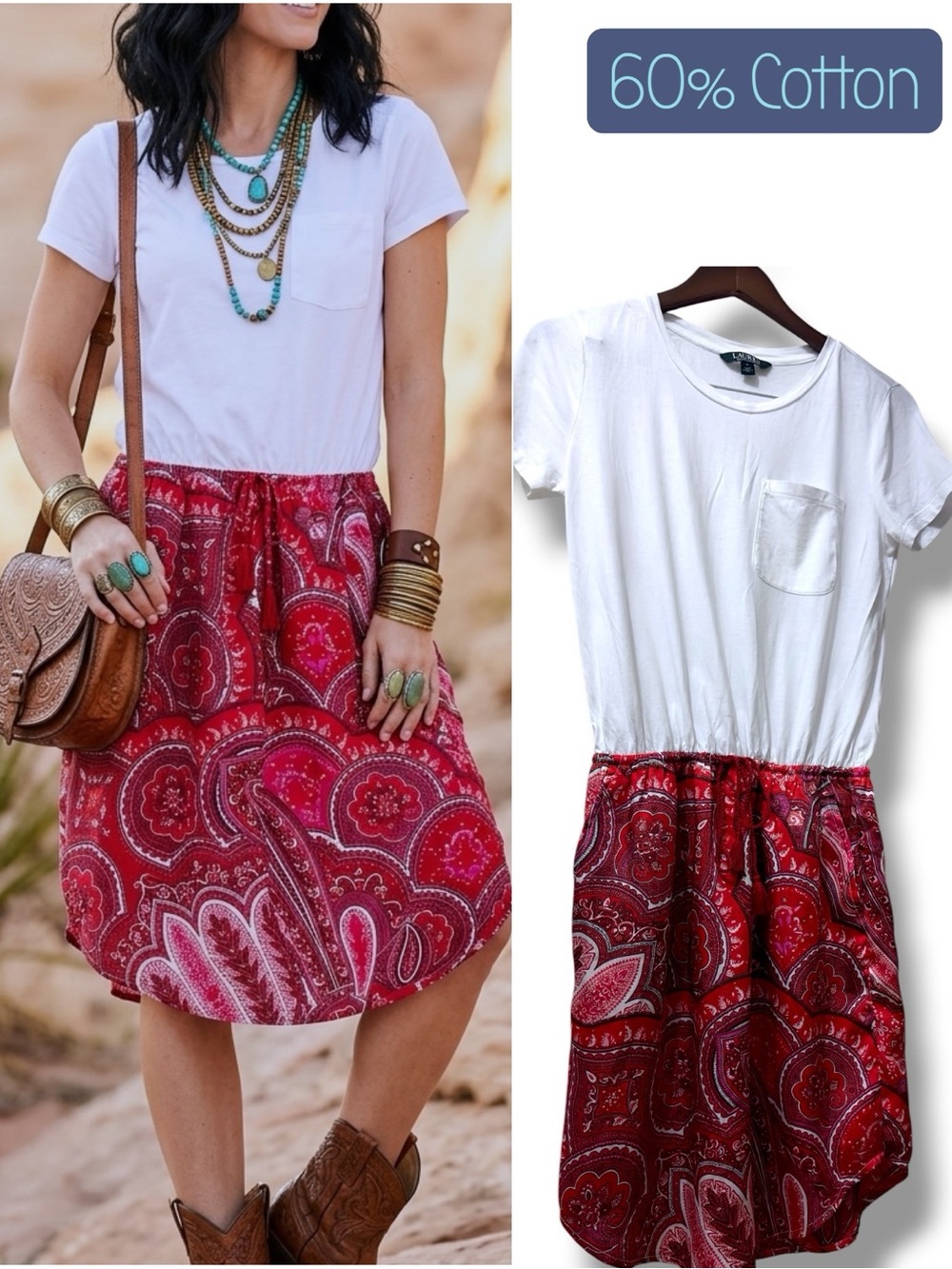 Lauren Ralph Lauren | NWOT Cotton Boho White Red Paisley Skirt Midi Dress (S)